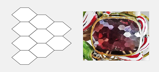 Rose cut with small hexagonal facets covering the surface Rose cut with small hexagonal facets covering the surface
