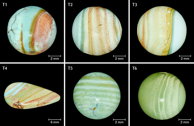 Six banded turquoise specimens showing variation in color and width of bands. Six banded turquoise specimens showing variation in color and width of bands.