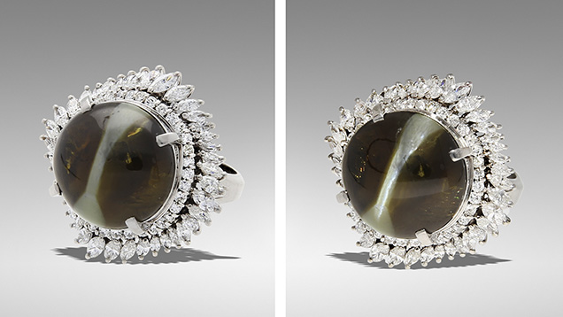 Cat’s-eye chrysoberyl displays distinct color zoning. Cat’s-eye chrysoberyl displays distinct color zoning.