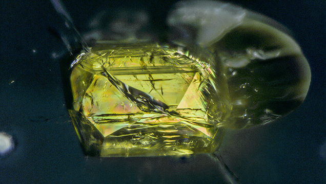 The monzanite inclusion shows bright interference colors. The monzanite inclusion shows bright interference colors.