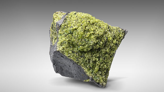 Figure 10. Green grains of peridot filling gas cavities in basalt from the San Carlos Apache Indian Reservation in Arizona. Photo by Robert Weldon.