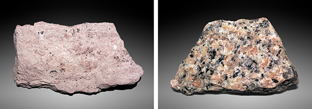 Figure 4. Two examples of important igneous rocks. Rhyolite (left) is an aphanitic extrusive igneous rock, while granite (right) is a phaneritic intrusive igneous rock. They are similar in chemical composition but differ in the size of their constituent mineral grains because they cool and solidify at different rates under different geological conditions. Photos by James St. John/Wikipedia Commons.