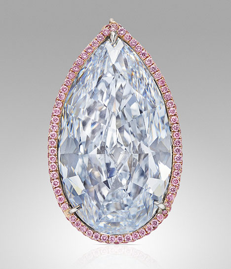 Figure 3. Surrounded by pink diamonds, this 31.62 ct Fancy blue diamond pendant sold within its estimate at $11.8 million. Courtesy of Christie’s.