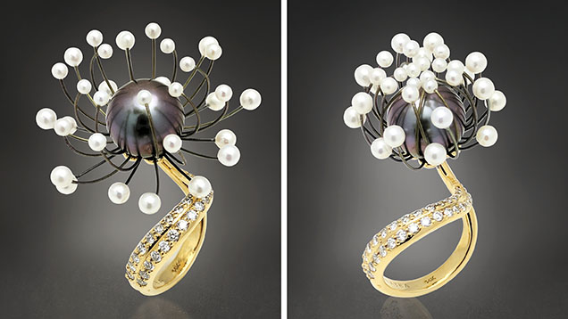 Figure 17. This ring from the Blossom collection features nitinol wires paired with small pearls placed around a larger center pearl to resemble a flower. The flower slowly opens in response to increased temperature (left) and closes when it cools (right). The Tahitian pearl is 10.5 mm in diameter, while the freshwater pearls range from 1.5 to 3.0 mm in diameter and the diamonds have a total weight of 0.30 ct. Courtesy of Chi Huynh.