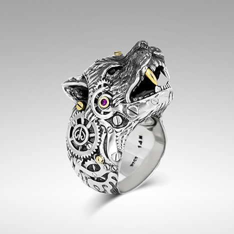 Figure 27. Winner of a 2022 JCK Jewelers’ Choice Award in the Men’s category, “Mystic Wolf” from the Muze collection highlights Huynh’s talent as a sculptor. Courtesy of Chi Huynh.