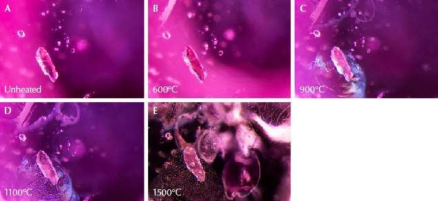 Figure 11. A: An elongated mica crystal surrounded by several smaller crystals in sample 8. B: There is little noticeable change except at the top left, where a small fissure has formed. C: The scene shows obvious signs of heat alteration. In addition to the fissures seen earlier, glassy discoids appear around crystals in the background, and a shiny fissure is conspicuous around the biotite crystal in the foreground. D: Some fissures have begun to heal; the glassy fissure around the biotite crystal has developed elongated channels, and the partially healed edges of the glassy discoid at the top of the frame have started to neck down and become wider. E: The scene has changed dramatically; glassy discoids and partially healed fissures with a melted appearance are visible across the field of view, and the biotite crystal has developed an immobile gas bubble in its center. Images A and B were captured with darkfield illumination; diffused fiber-optic illumination has been added in C–E to reveal the fissures more clearly. Photomicrographs by E. Billie Hughes; field of view 1.5 mm. Figure 11. A: An elongated mica crystal surrounded by several smaller crystals in sample 8. B: There is little noticeable change except at the top left, where a small fissure has formed. C: The scene shows obvious signs of heat alteration. In addition to the fissures seen earlier, glassy discoids appear around crystals in the background, and a shiny fissure is conspicuous around the biotite crystal in the foreground. D: Some fissures have begun to heal; the glassy fissure around the biotite crystal has developed elongated channels, and the partially healed edges of the glassy discoid at the top of the frame have started to neck down and become wider. E: The scene has changed dramatically; glassy discoids and partially healed fissures with a melted appearance are visible across the field of view, and the biotite crystal has developed an immobile gas bubble in its center. Images A and B were captured with darkfield illumination; diffused fiber-optic illumination has been added in C–E to reveal the fissures more clearly. Photomicrographs by E. Billie Hughes; field of view 1.5 mm.