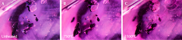 Figure 21. A: Sample 37 shows dark crystals of primary rutile, along with clouds of exsolved rutile silk. B: Small fissures have begun to form around some of the primary rutile crystals. C: The fissures have expanded and begun to heal, though the primary rutile crystals appear unaltered and the rutile silk needles in the background are intact. Photomicrographs by E. Billie Hughes; field of view 2 mm. Figure 21. A: Sample 37 shows dark crystals of primary rutile, along with clouds of exsolved rutile silk. B: Small fissures have begun to form around some of the primary rutile crystals. C: The fissures have expanded and begun to heal, though the primary rutile crystals appear unaltered and the rutile silk needles in the background are intact. Photomicrographs by E. Billie Hughes; field of view 2 mm.