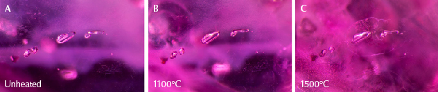 Figure 23. A: A cluster of feldspar crystals in sample 37 that show no alteration through several rounds of heating. B: The feldspar crystals are intact and appear unaffected by heat. However, discoid fissures appear in the background at the top left and bottom right. C: Many more fissures have developed, including some around the feldspar crystals in the center. Photomicrographs by E. Billie Hughes; field of view 1.7 mm. Figure 23. A: A cluster of feldspar crystals in sample 37 that show no alteration through several rounds of heating. B: The feldspar crystals are intact and appear unaffected by heat. However, discoid fissures appear in the background at the top left and bottom right. C: Many more fissures have developed, including some around the feldspar crystals in the center. Photomicrographs by E. Billie Hughes; field of view 1.7 mm.