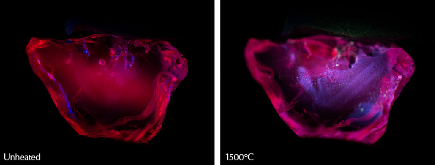 Figure 33. Left: Sample 18 displays a strong red fluorescence in short-wave UV before heat treatment. It retains this appearance after heating to 600°, 750°, 900°, and 1100°C. Right: After heating to 1500°C, it displays a zoned chalky fluorescence in short-wave UV. Photos by E. Billie Hughes. Figure 33. Left: Sample 18 displays a strong red fluorescence in short-wave UV before heat treatment. It retains this appearance after heating to 600°, 750°, 900°, and 1100°C. Right: After heating to 1500°C, it displays a zoned chalky fluorescence in short-wave UV. Photos by E. Billie Hughes.