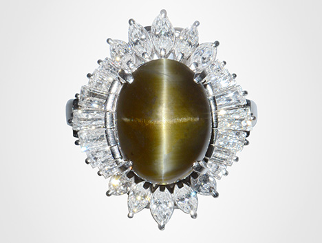 Figure 1. Chrysoberyl showing two bands of reflective light displaying four-rayed asterism. Photo by Shunsuke Nagai.