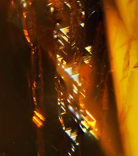 Figure 4. Trigons visible in a subsurface diamond etch channel. Photomicrograph by Mei Yan Lai; field of view 1.00 mm. Figure 4. Trigons visible in a subsurface diamond etch channel. Photomicrograph by Mei Yan Lai; field of view 1.00 mm.