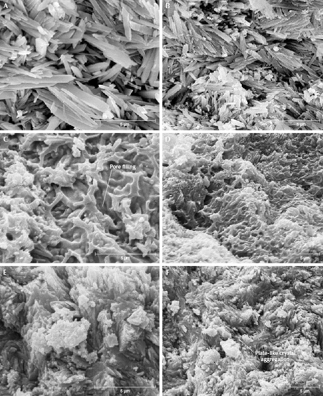 Figure 17. Morphological characteristics of untreated and porcelain-treated turquoise. The structure of untreated turquoise (N14) is shown via SEM imaging with 10,000× magnification (A) and 6,000× magnification (B). C and D: Microcrystal boundaries of porcelain-treated turquoise (H3) are blurred and pores are filled by colloidal material. E and F: The microcrystals inside sample H3 are columnar and plate-shaped.