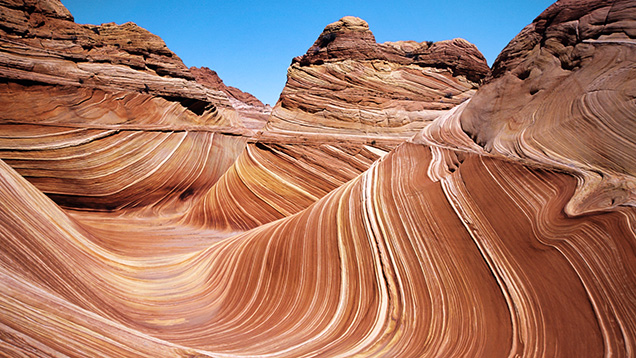 Figure 1. Sedimentary rocks are among the most common rocks exposed on the earth’s surface. This image shows multicolored sandstone layers known as “The Wave” that have been eroded and sculpted by winds to form a swirling pattern of rock strata in the Coyotes Buttes North wilderness area along a portion of the Arizona/Utah border. Photo by Greg Bulla. Figure 1. Sedimentary rocks are among the most common rocks exposed on the earth’s surface. This image shows multicolored sandstone layers known as “The Wave” that have been eroded and sculpted by winds to form a swirling pattern of rock strata in the Coyotes Buttes North wilderness area along a portion of the Arizona/Utah border. Photo by Greg Bulla.