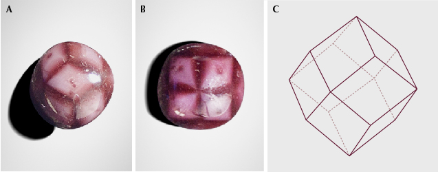 Figure 1. The color zoning in this 3.57 ct almandine garnet creates a cross structure that forms three-arm (top of A) and four-arm trapiche patterns (B) at every intersecting point of the crystal. These color zones are arranged along the edges of the dodecahedron (C). Photos by Le Ngoc Nang. Figure 1. The color zoning in this 3.57 ct almandine garnet creates a cross structure that forms three-arm (top of A) and four-arm trapiche patterns (B) at every intersecting point of the crystal. These color zones are arranged along the edges of the dodecahedron (C). Photos by Le Ngoc Nang.