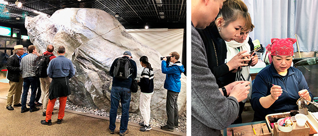 Figure 2. Left: IGC participants viewed a 102-ton jadeite boulder at the Oyashirazu jade museum in Itoigawa. Right: During a field trip to Ago Bay, participants observed the implanting of a bead nucleus in a Pinctada fucata oyster. Photos by Ahmadjan Abduriyim. Figure 2. Left: IGC participants viewed a 102-ton jadeite boulder at the Oyashirazu jade museum in Itoigawa. Right: During a field trip to Ago Bay, participants observed the implanting of a bead nucleus in a Pinctada fucata oyster. Photos by Ahmadjan Abduriyim.