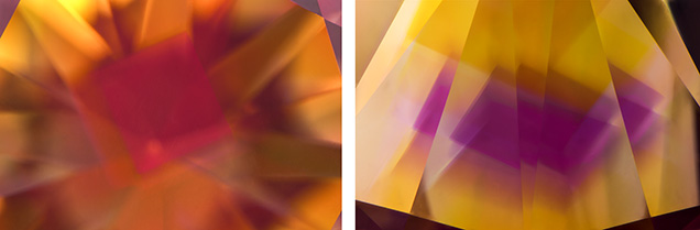Figure 2. The square-shaped cubic {100} growth sector appears pink when viewed through the table (left) and more of a purple color when viewed through the pavilion (right). The surrounding regions appear predominantly yellow due to the presence of single nitrogen. Photomicrographs by Nathan Renfro; fields of view 4.23 mm and 4.50 mm. Figure 2. The square-shaped cubic {100} growth sector appears pink when viewed through the table (left) and more of a purple color when viewed through the pavilion (right). The surrounding regions appear predominantly yellow due to the presence of single nitrogen. Photomicrographs by Nathan Renfro; fields of view 4.23 mm and 4.50 mm.
