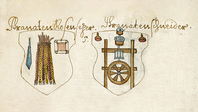 Figure 4. Coat of arms for the crafts of the “garnet rose setter” (left) and “garnet cutter,” from the handwritten descriptions of all crafts in the Imperial City of Nuremberg around 1700. From Von Ursprung und Herkom[m]en samt Beschreibung aller Hand Wercker in der Stadt Nürnberg (ca. 1700). Courtesy of the Germanic National Museum in Nuremberg (signature Merkel Hs 2° 981).