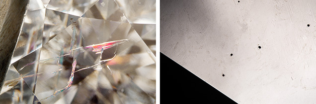 Figure 4. Examples of treatments documented in diamond. Left: Fracture filling in a feather on the table of a laboratory-grown diamond. Right: Reflective lighting displaying numerous laser drill holes in the table of a diamond. Photomicrographs by Nicole Ahline; fields of view 3.57 mm (left) and 4.79 mm (right).