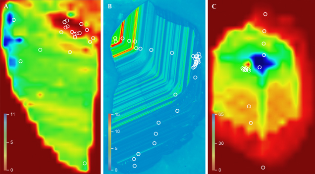 Three thermal images displaying varying color gradients, with circular markers indicating specific points of interest. Color scales on the sides.