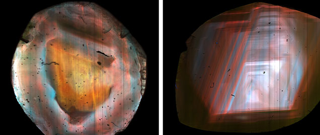 Two close-up images of mineral samples, showcasing vibrant colors and intricate patterns against a dark background.