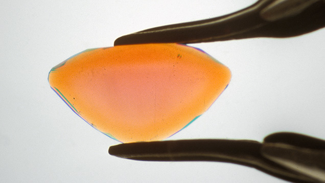 Figure 11. A cross section of a beryllium-diffused sapphire showing a purplish pink core and an orangy pink rim caused by the introduction of beryllium to the corundum structure. Figure 11. A cross section of a beryllium-diffused sapphire showing a purplish pink core and an orangy pink rim caused by the introduction of beryllium to the corundum structure.