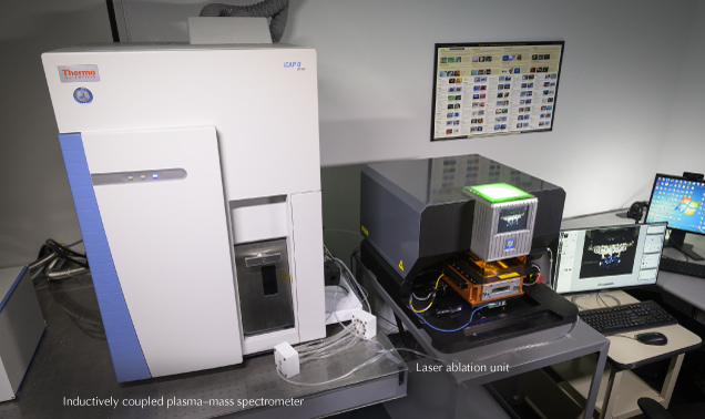 Figure 4. The LA-ICP-MS system at GIA’s Carlsbad laboratory, consisting of a New Wave Research ESI NWR 213 laser ablation system and a Thermo Fisher Scientific iCAP-Q inductively coupled plasma–mass spectrometer. Photo by Kevin Schumacher. Figure 4. The LA-ICP-MS system at GIA’s Carlsbad laboratory, consisting of a New Wave Research ESI NWR 213 laser ablation system and a Thermo Fisher Scientific iCAP-Q inductively coupled plasma–mass spectrometer. Photo by Kevin Schumacher.
