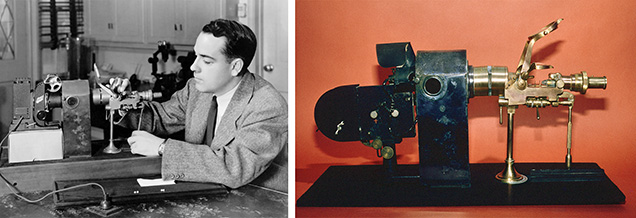 Figure 10. Left: Richard Liddicoat using an endoscope to examine the internal structure of a pearl. Right: A 1979 photo of the same instrument. Figure 10. Left: Richard Liddicoat using an endoscope to examine the internal structure of a pearl. Right: A 1979 photo of the same instrument.
