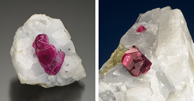 Figure 2. Ruby crystal in calcite marble (28.03 g; left) and spinel crystal in calcite and dolomite marble (412.40 g; right) from Myanmar. Photos by Robert Weldon; gifts of the Larson family, GIA Museum nos. 24188 and 23669. Figure 2. Ruby crystal in calcite marble (28.03 g; left) and spinel crystal in calcite and dolomite marble (412.40 g; right) from Myanmar. Photos by Robert Weldon; gifts of the Larson family, GIA Museum nos. 24188 and 23669.