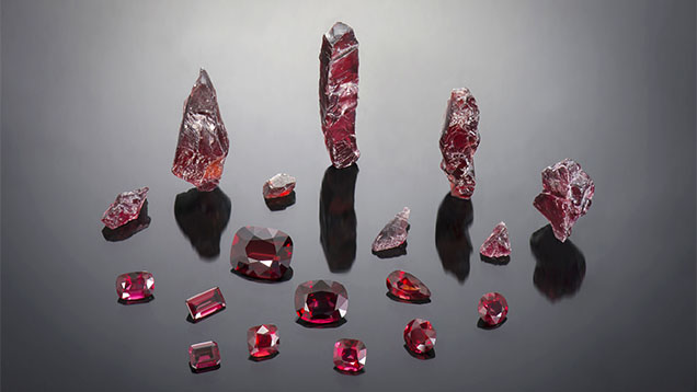 Faceted garnets (1.81–16.00 ct) along with rough fragments (largest piece is 12 g) from a new deposit in the Lao Cai province of northern Vietnam. Photo by Nuttapol Kitdee; courtesy of Precious Le Gems. Faceted garnets (1.81–16.00 ct) along with rough fragments (largest piece is 12 g) from a new deposit in the Lao Cai province of northern Vietnam. Photo by Nuttapol Kitdee; courtesy of Precious Le Gems.