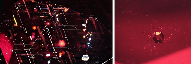 Figure 2. Left: Rutile needles and platelets are commonly observed in red garnet from northern Vietnam. Right: A well-formed, opaque metal sulfide crystal stands out due to its metallic luster. Photomicrographs by Suwasan Wongchacree; fields of view 4.80 mm (left) and 1.80 mm (right). Figure 2. Left: Rutile needles and platelets are commonly observed in red garnet from northern Vietnam. Right: A well-formed, opaque metal sulfide crystal stands out due to its metallic luster. Photomicrographs by Suwasan Wongchacree; fields of view 4.80 mm (left) and 1.80 mm (right).
