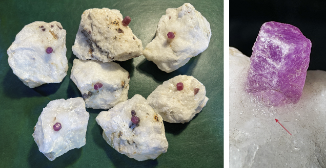 Figure 1. Left: Marble-hosted ruby specimens (ruby crystals ranging from 0.6 to 1.0 cm in height) reportedly mined from Hunza and acquired from the nearby local market. The natural specimen components have been artificially assembled with a resin-like adhesive. Right: In some specimens, the adhesive is well camouflaged and difficult to detect (indicated by arrow), especially if oiled. Photos by Talha H. Bakht. Figure 1. Left: Marble-hosted ruby specimens (ruby crystals ranging from 0.6 to 1.0 cm in height) reportedly mined from Hunza and acquired from the nearby local market. The natural specimen components have been artificially assembled with a resin-like adhesive. Right: In some specimens, the adhesive is well camouflaged and difficult to detect (indicated by arrow), especially if oiled. Photos by Talha H. Bakht.