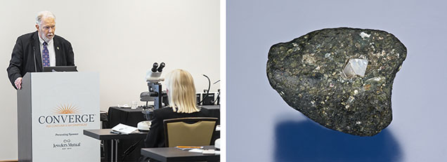 Figure 1. Left: James Shigley presents on the unique story of natural diamond. Right: A kimberlite eruption plucked this 52.45 ct diamond octahedron from deep below the earth’s surface, where it might have rested for billions of years. Photos by Emily Lane (left) and Robert Weldon; courtesy of the GIA Sir Ernest Oppenheimer Student collection (right). Figure 1. Left: James Shigley presents on the unique story of natural diamond. Right: A kimberlite eruption plucked this 52.45 ct diamond octahedron from deep below the earth’s surface, where it might have rested for billions of years. Photos by Emily Lane (left) and Robert Weldon; courtesy of the GIA Sir Ernest Oppenheimer Student collection (right).