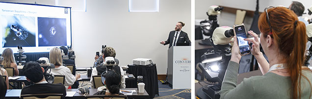 Figure 2. Left: Wim Vertriest outlines key characteristics of gem corundum from less familiar localities in a session held during Converge 2025. Right: Attendees use their cell phones to capture images of intriguing inclusions. Photos by Emily Lane. Figure 2. Left: Wim Vertriest outlines key characteristics of gem corundum from less familiar localities in a session held during Converge 2025. Right: Attendees use their cell phones to capture images of intriguing inclusions. Photos by Emily Lane.