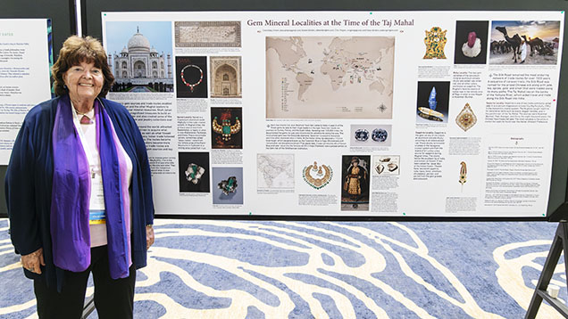 Figure 3. Dona Dirlam’s poster presentation on the wealth of gem and ornamental materials associated with the Taj Mahal. Photo by Emily Lane. Figure 3. Dona Dirlam’s poster presentation on the wealth of gem and ornamental materials associated with the Taj Mahal. Photo by Emily Lane.