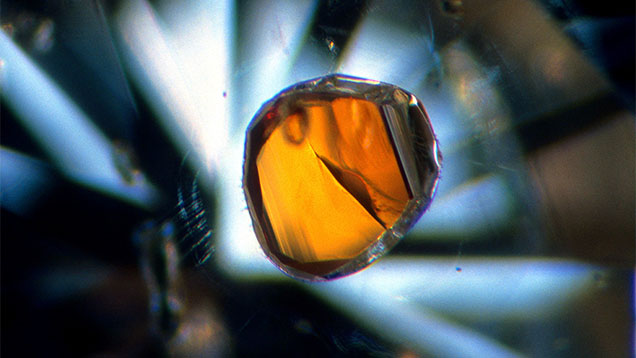 Figure 8. This transparent orange almandine pyrope garnet typifies an eclogitic origin for its host diamond. Photomicrograph by John I. Koivula; field of view 3.6 mm. Figure 8. This transparent orange almandine pyrope garnet typifies an eclogitic origin for its host diamond. Photomicrograph by John I. Koivula; field of view 3.6 mm.