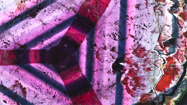Figure 9. In a microcosm of mineral evolution, the color zoning in this liddicoatite tourmaline slice from Madagascar reflects changes in chemistry during growth. Photo by Robert Weldon. Figure 9. In a microcosm of mineral evolution, the color zoning in this liddicoatite tourmaline slice from Madagascar reflects changes in chemistry during growth. Photo by Robert Weldon.