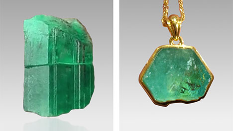 Figure 1. A 32 ct emerald rough (16 × 13 × 21 mm) from Zhen’an County was cut in half, and the bottom half (16 × 13 × 11 mm, 17 ct) was polished along the cut and set in 18K gold. Photos by Kun Hu (left) and Xiao-Yan Yu (right). Figure 1. A 32 ct emerald rough (16 × 13 × 21 mm) from Zhen’an County was cut in half, and the bottom half (16 × 13 × 11 mm, 17 ct) was polished along the cut and set in 18K gold. Photos by Kun Hu (left) and Xiao-Yan Yu (right).
