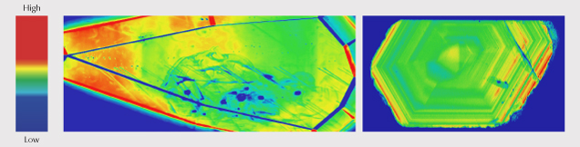 Figure 15. Photoluminescence (PL) false-color maps displaying changes in the area of the ~694 nm PL band revealed growth zoning patterns in sapphires related to differences in chromium concentrations with maximum peak areas in red and minimum in blue. Complex zoning in a faceted French Bar sill sapphire (RK-FBS 041, left) and a rough Missouri River sapphire (AC325, right) showing distribution of Cr3+ luminescence marking the hexagonal growth patterns. Figure 15. Photoluminescence (PL) false-color maps displaying changes in the area of the ~694 nm PL band revealed growth zoning patterns in sapphires related to differences in chromium concentrations with maximum peak areas in red and minimum in blue. Complex zoning in a faceted French Bar sill sapphire (RK-FBS 041, left) and a rough Missouri River sapphire (AC325, right) showing distribution of Cr3+ luminescence marking the hexagonal growth patterns.
