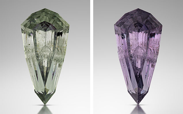 Figure 17. A strong color change—going from bluish green to pinkish purple—is observed in this 3.49 ct French Bar sill sapphire (RK-FBS 030; also shown in figure 2) with a change from fluorescent (5500 K, left) to incandescent light (2800 K, right). Photos by Jeff Mason. Figure 17. A strong color change—going from bluish green to pinkish purple—is observed in this 3.49 ct French Bar sill sapphire (RK-FBS 030; also shown in figure 2) with a change from fluorescent (5500 K, left) to incandescent light (2800 K, right). Photos by Jeff Mason.