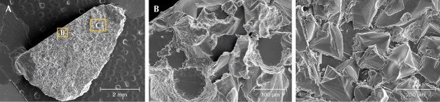 Figure 19. A: SEM image of sapphire sample S290-1. B and C: Deep resorption features showing flat-bottomed depressions (B) and resorption controlled by crystallography (C). Images by Nancy Equall. Figure 19. A: SEM image of sapphire sample S290-1. B and C: Deep resorption features showing flat-bottomed depressions (B) and resorption controlled by crystallography (C). Images by Nancy Equall.