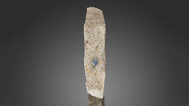 Figure 21. This 6 mm long sapphire in French Bar sill basaltic trachyandesite (RK-FBS 061) displays a small amount of easily visible biotite (phlogopite). Photo by Jeff Mason. Figure 21. This 6 mm long sapphire in French Bar sill basaltic trachyandesite (RK-FBS 061) displays a small amount of easily visible biotite (phlogopite). Photo by Jeff Mason.