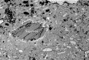 Figure 22. Backscattered electron (BSE) image of a thick section glass slide containing a French Bar sill rock showing a sapphire xenocryst surrounded by a layer of biotite (phlogopite), set in a fine-grained groundmass with sparse phenocrysts of biotite (phlogopite) and possibly augite (SS10A). Image by Henry Towbin. Figure 22. Backscattered electron (BSE) image of a thick section glass slide containing a French Bar sill rock showing a sapphire xenocryst surrounded by a layer of biotite (phlogopite), set in a fine-grained groundmass with sparse phenocrysts of biotite (phlogopite) and possibly augite (SS10A). Image by Henry Towbin.