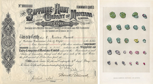 Figure 5. Left: A stock certificate of the Sapphire and Ruby Company of Montana Limited. In 1890, Edwin Streeter’s English syndicate company purchased nearly all of the 7,000 acres of sapphire-bearing property but never commercially mined it for gold or sapphire. Right: This hand-painted illustration shows Montana sapphire crystals from Streeter’s fifth edition of his 1892 book Precious Stones and Gems. Courtesy of Robert E. Kane. Figure 5. Left: A stock certificate of the Sapphire and Ruby Company of Montana Limited. In 1890, Edwin Streeter’s English syndicate company purchased nearly all of the 7,000 acres of sapphire-bearing property but never commercially mined it for gold or sapphire. Right: This hand-painted illustration shows Montana sapphire crystals from Streeter’s fifth edition of his 1892 book Precious Stones and Gems. Courtesy of Robert E. Kane.