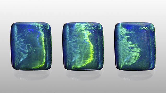This composite image of a 4.80 ct precious cat’s-eye boulder opal shows the progression of the cat’s-eye as a light source moves across the stone. Photos by Annie Haynes. This composite image of a 4.80 ct precious cat’s-eye boulder opal shows the progression of the cat’s-eye as a light source moves across the stone. Photos by Annie Haynes.