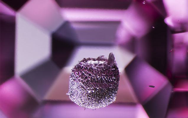 A strikingly textured crystal, likely a metal sulfide, is suspended within a pink spinel; viewed under darkfield and diffuse fiber-optic lighting. The step-cut facets on the stone’s pavilion provide a sense of depth to the image. Photomicrograph by E. Billie Hughes; field of view 3.4 mm. A strikingly textured crystal, likely a metal sulfide, is suspended within a pink spinel; viewed under darkfield and diffuse fiber-optic lighting. The step-cut facets on the stone’s pavilion provide a sense of depth to the image. Photomicrograph by E. Billie Hughes; field of view 3.4 mm.