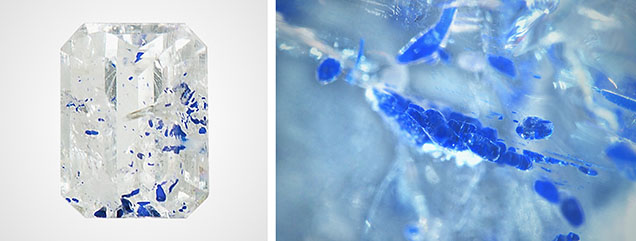 Natural 1.36 ct scapolite with saturated blue spindle-shaped lazurite inclusions. Photos by Lhapsin Nillapat (left) and Chinnaphat Buntem; field of view 2.90 mm (right). Natural 1.36 ct scapolite with saturated blue spindle-shaped lazurite inclusions. Photos by Lhapsin Nillapat (left) and Chinnaphat Buntem; field of view 2.90 mm (right).