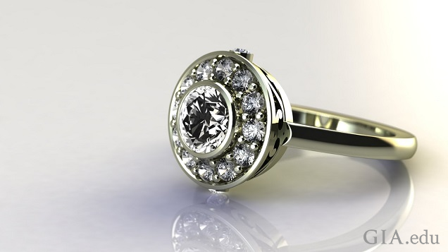 A round brilliant diamond in the center with a band of smaller round brilliant diamonds encircling it.