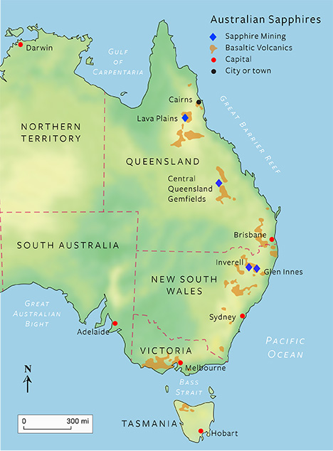 Map of three main sapphire mining fields in Australia Map of three main sapphire mining fields in Australia