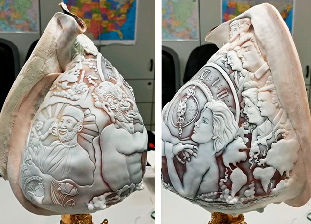 Details of the hand-carved shell lamp. Left: A doctor cradles a newborn as a symbol of hope. Right: World leaders with their eyes closed contemplating the global impact of the virus. Courtesy of Massa Gioconda. Details of the hand-carved shell lamp. Left: A doctor cradles a newborn as a symbol of hope. Right: World leaders with their eyes closed contemplating the global impact of the virus. Courtesy of Massa Gioconda.