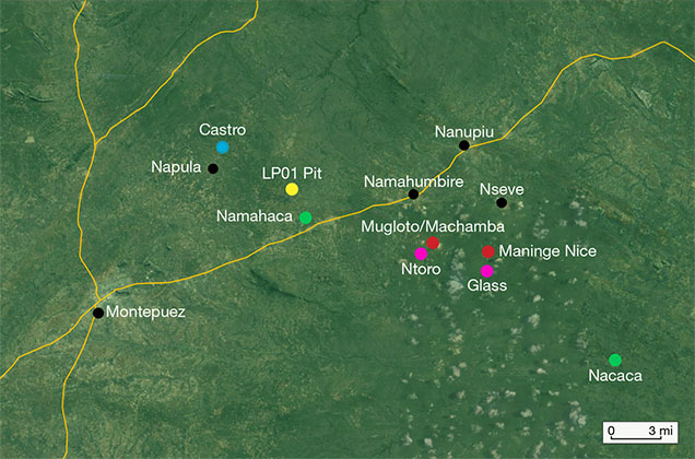 The main ruby mining areas of northern Mozambique.